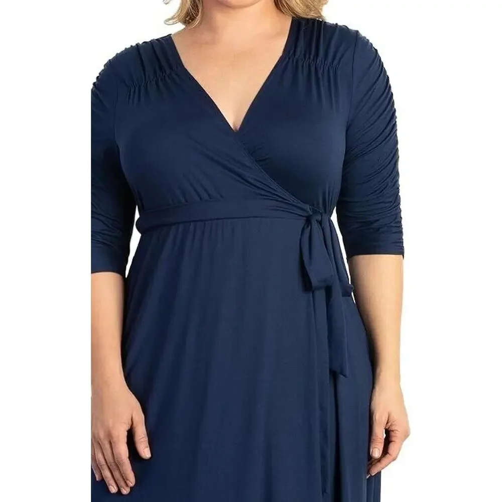 Kiyonna Dress Meadow Dream Style 5X Maxi True Wrap Slimming Navy Blue Ruched
